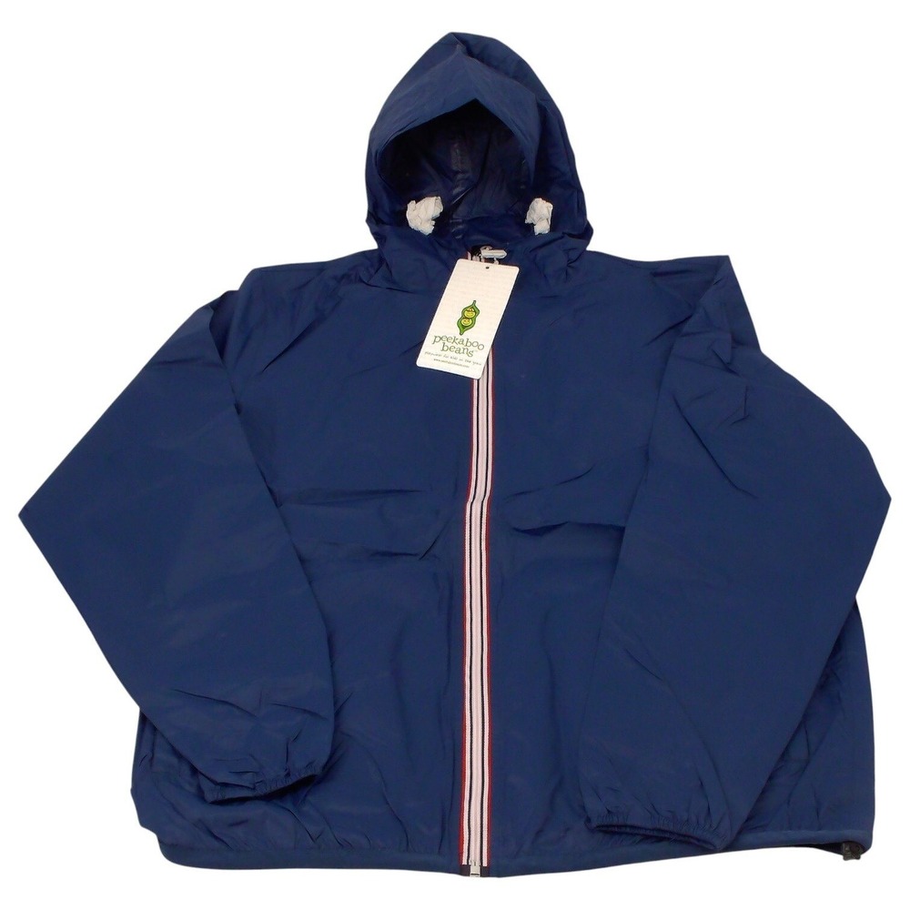 Peekaboo Beans Rain Jacket Size L Blue Unisex Hooded Windbreaker Full‎ Zip Nylon